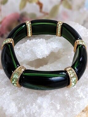 Olive Green Peridot Gold Tone Segmented Vintage Lucite Stretch Bracelet EUC